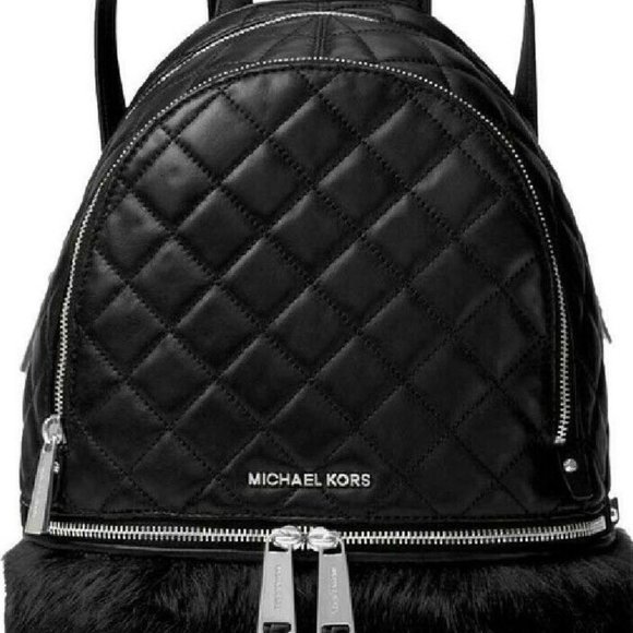 MICHAEL KORS RHEA ZIP MEDIUM BACKPACK BLACK QUILT LEATHER RABBIT FUR BAG NWT! - Picture 2 of 12